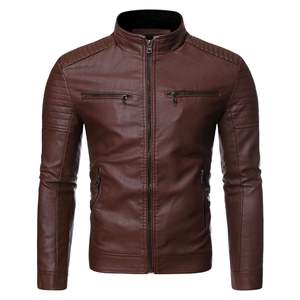 Blouson moto en cuir PU noir pour homme, col montant, fermeture éclair, coupe ajustée, manches classiques, couleur unie, idéal pour l'automne - Product Image 2