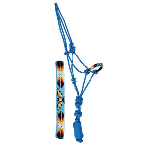 Blue Nylon Rope Horse <b>Halter</b> with Beaded Pattern and Adjustable Knots - Product Image 1