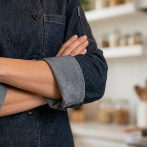 Veste de chef en denim longue moderne personnalisée, vêtements de travail de cuisine, uniforme de cuisinier exécutif extensible - Product Image 4
