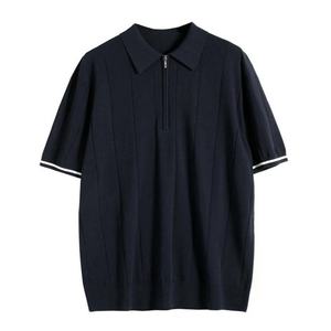 เสื้อเชิ้ตผู้ชายสีน้ำเงินกรมท่า คอสูง แขนสั้น ผ้าถัก 100% คอตตอน ระบายอากาศได้ดี แต่งขอบตัดกัน ทรงปกติ สวมใส่สบาย สีพื้น - Product Image 6