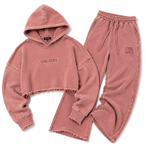 Ensemble de survêtement ONE APEX pour femme, coupe courte, effet délavé et usé, couleur rose poudré, en molleton épais, pantalon large, 100% coton - Product Image 6