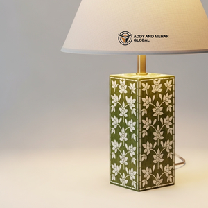 Green Floral Bone Inlay <b>Table</b> <b>Lanterns</b> with Fabric Shade Handmade Decorative Bedside Nightstand <b>Lamp</b> for Living Room & Bedroom - Product Image 3