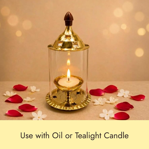 Brass Akhand Diya with Borosilicate Glass Cover Medium Size Eternal <b>Oil</b> <b>Lamp</b> for Puja Temple Home Decor Diwali - Product Image 6