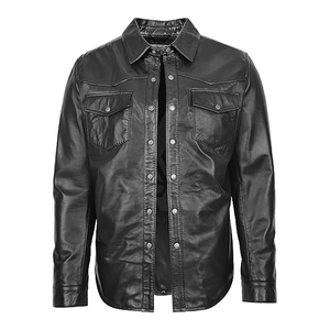 Men's Black Leather Look Long Sleeve <b>Button</b> Down <b>Shirt</b> Solid Color leather Moto Style Turn-down Collar - Product Image 4