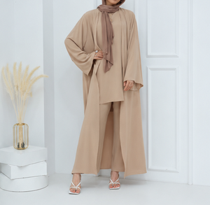 Conjunto de 3 piezas de ropa musulmana modesta para mujer: Abaya abierta, cárdigan, túnica larga y pantalones de pierna ancha. Ropa islámica. - Product Image 5