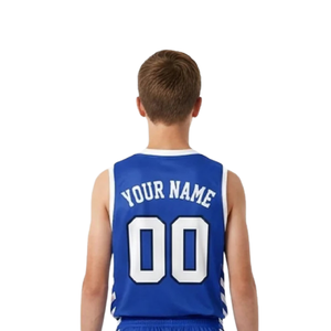 Ensemble d'uniformes de basketball personnalisés pour hommes, bleu roi et blanc, maillot sans manches à col rond, short avec rayures latérales imprimées, kit de vêtements d'équipe en gros - Product Image 6