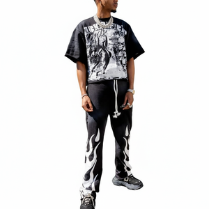 Men's Black Graphic T-<b>Shirt</b> & Jogger Pants 2 Piece Set Streetwear Casual Tracksuit with <b>Flame</b> Print Wholesale Apparel - Product Image 3