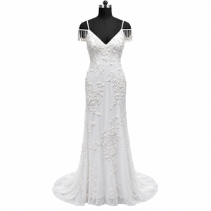 Open Shoulder Fringe Evening <b>Dress</b> Deep V Neck Fitted Floral Applique | White Floor Length Sheer Layer Sweep <b>Train</b> Formal Gown - Product Image 1