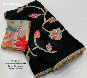 Beautiful Modern Design <b>Satin</b> Chiffon with Embroidered Saree-<b>Blouse</b> Set Manufacturer from Surat Wholesale Supply - Product Image 4