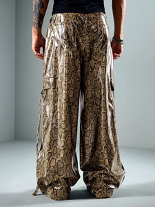 <b>Snake</b> <b>Print</b> Leather <b>Trousers</b> Lambskin Embossed Pattern Wide Leg Baggy Cut Side Pockets Glossy Finish Unisex - Product Image 5