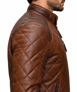 Blouson moto en cuir véritable pour homme, col montant, fermeture éclair, design matelassé, marron uni, vêtement d'extérieur d'hiver, imperméable et respirant - Product Image 3