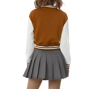 Brown White Embroidered Woolen Women's Streetwear <b>Varsity</b> <b>Jacket</b> Regular Sleeve Button Closure Autumn Winter Casual Outerwear - Product Image 2