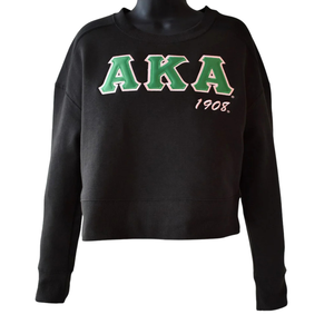 Sudadera Corta Negra AKA con Cuello Redondo y Bordado, Sudadera de Forro Polar para Mujer, Manga Larga, Estilo Casual - Product Image 1