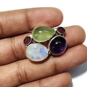 Bague Statement Vintage Multi-Pierres Naturelles en Argent Sterling 925 avec Améthyste, Préhnite, Pierre de Lune, Grenat Cabochon (Tiers) - Product Image 3