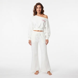 High Quality <b>Women's</b> <b>White</b> Two Piece Set Crop Top Full Sleeves Hoodie And Wide Leg <b>Jogger</b> Custom Embroidered Logo - Product Image 1