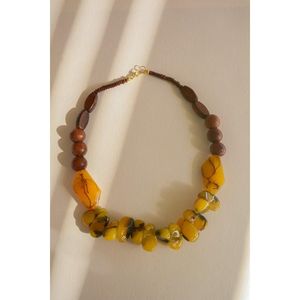 Artisan Mustard Resin Stone and Wooden Bead <b>Statement</b> <b>Necklace</b> Handmade Contemporary Fashion Jewelry for Women - Product Image 1