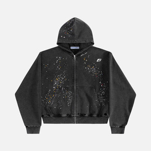 เสื้อฮู้ดดี้ผู้ชาย ผ้าฝ้ายฟลีซหนานุ่ม ทรงครอป แต่งลายดาวประดับเพชร ซิปหน้า สไตล์วินเทจ ล้างสีแบบแอซิดวอช ทรงโอเวอร์ไซส์ สตรีทแวร์ - Product Image 1