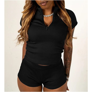 Custom Women Casual Ribbed Knit Tracksuit <b>Short</b> Sleeve Zipper Polo Collar <b>Top</b> <b>and</b> Biker <b>Shorts</b> Two Piece Lounge Set Outfit - Product Image 6