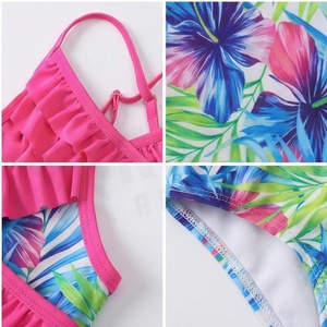 Girls One-Piece Swimsuit With Tropical Floral Print And Pink Ruffle Asymmetric Design <b>Crossed</b> Halter Neckline - Product Image 4
