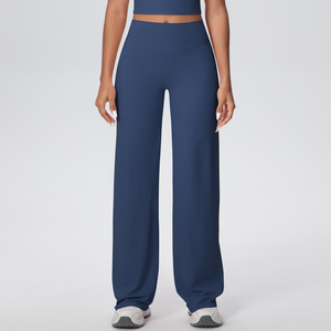 High Waist Full Length Flared Leg Yoga Pants Solid Color Seamless Stretch Elastic Waist Women's <b>Leggings</b> - Product Image 3