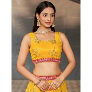 Yellow <b>Sequins</b> Georgette Haldi Wear Lehenga Choli for Women - Product Image 2