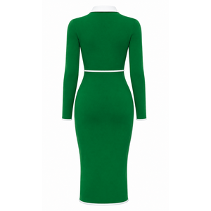 Robe moulante mi-longue verte pour femme Iota Phi Lambda avec col polo blanc contrastant, fermeture éclair quart de tour, manches longues, robe décontractée ajustée - Product Image 4
