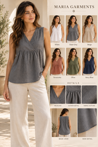 Débardeur sans manches col en V pour femme en tissu tissé lin/coton, design simple, taille froncée, chemisier décontracté d'été, vente en gros - Product Image 3