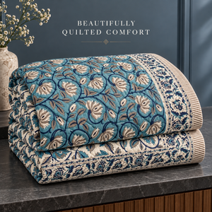 Couette Jaipuri à imprimé floral turquoise |   Razai réversible en coton Mulmul taille King avec rembourrage en coton pur de 2 kg et finition matelassée à la main - Product Image 3