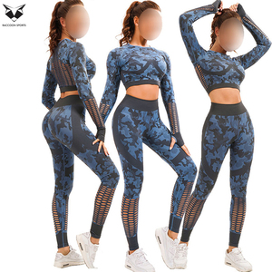 Newest Seamless Abstract Pattern Yoga Set High Waist Workout Leggings Women Long Sleeve <b>Crop</b> <b>Top</b> Out Mesh Fitness Gym Clothing - Product Image 6