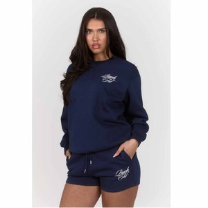 Women's Navy Blue Fleece Crew Neck Sweatshirt <b>Peach</b> Fit Letter Print Casual Loose Fit All Seasons Daily Wear 100% Cotton - Product Image 2