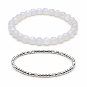 Conjunto de Pulseras de Moda para Mujer: Pulsera de Piedra Lunar de 8mm con Banda Complementaria de Cuentas en Tono Plateado, Diseño Suave y Apilable - Product Image 1