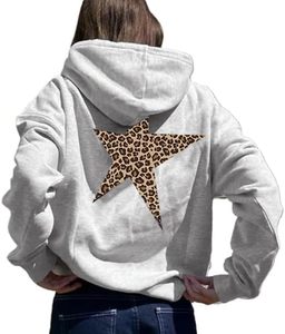 Sudadera con capucha extragrande para mujer, estampado de leopardo, espalda con estrellas, tejido vaquero, ropa de calle de invierno, lavado suave, informal - Product Image 3
