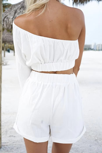 Solid Casual Collarless White Linen Cropped <b>One</b> Sleeve <b>Top</b> High Waist Elastic Waistband Shorts Women Summer - Product Image 3