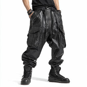 Pantalones Cargo Holgados de Cuero para Hombre, Cintura Alta con Cordón Ajustable, Cuero PU, Estilo Urbano, Personalizables, Múltiples Bolsillos - Product Image 4