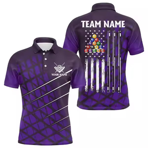 Camiseta Polo Personalizada para Equipo de Billar, Color Morado, con Diseño de Bandera Americana, Impresión Sublimada, Absorbe la Humedad, Manga Corta, Ropa para Hombre - Product Image 4