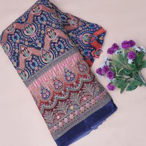 Tissu en crêpe bleu marine brodé, 54 pouces, avec broderie Damas lourde, pour la confection de Kurti, Anarkali, robe, costume, Lehenga, ensemble jupe - Product Image 1