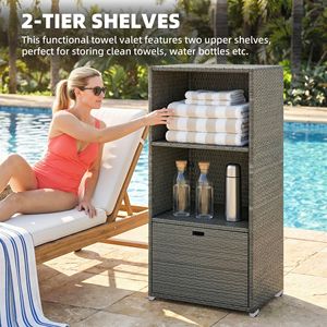 Portasciugamani da Piscina in Rattan Sintetico PE Resistente all'Acqua, 2 Ripiani, 1 Cestello, Cassetto, Grigio Scuro, Accessori per Piscina - Product Image 3