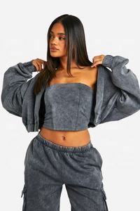 Vente en gros Acid Wash Fitness Ensemble deux pièces pour femmes lourdes Survêtement Jogging Pantalon de survêtement et Crop Ensemble à capuche - Product Image 2