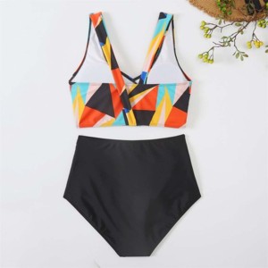 Girls 2 Piece Geometric Print One-piece Crossed Halter High Cut Push Swimwear Spandex/Polyester Contrast Binding High Waist - Product Image 4