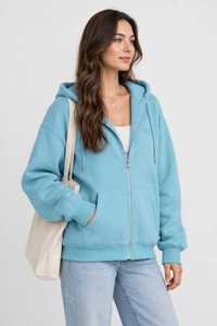 Sudadera con capucha azul claro para mujer, con cremallera completa, informal, de hombros caídos, manga larga, color liso - Product Image 4