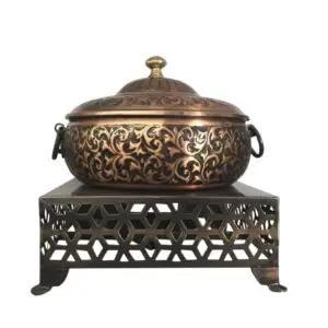 Traditional Chinese Engraved Metal <b>Serving</b> <b>Dish</b> With Lid Round Plant Pattern <b>Dishes</b> & Plates - Product Image 2