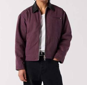 Nouvelle Arrivée : Blousons de Travail en Twill à Manches Longues pour Hommes, Lavés, en Coton Lourd avec Col en Cuir Noir, Fermeture Éclair Intégrale sur le Devant - Product Image 1