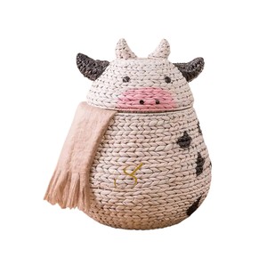 Handwoven Water Hyacinth Cow <b>Basket</b> Animal Shaped Toy Storage Hamper <b>with</b> Removable <b>Lid</b> for Nursery Decor - Product Image 4