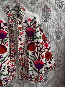 Manteau Bohème Brodé Floral Grande Taille pour Femme, Col Mandarin, Manches Longues, Coton, Vêtement d'Extérieur Décontracté Printemps - Product Image 1