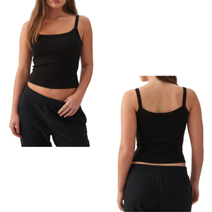 Top Corto de Punto Acanalado con Cuello Cuadrado para Mujer, Camisola sin Mangas, Color Negro Sólido, Estilo Casual, 100% Algodón, OEM ODM - Product Image 1