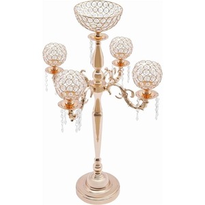 Candélabre doré avec accents en cristal, porte-bougie à 5 bras, décoration d'intérieur, décoration de mariage - Product Image 4