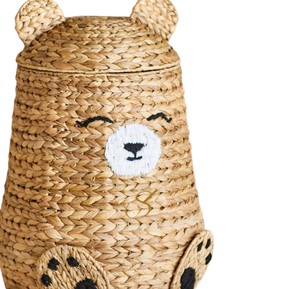 <b>Bear</b> Water Hyacinth Storage Basket with Lid Woven Animal Laundry Hamper <b>Cute</b> Teddy Nursery Toy Organizer Bin - Product Image 2