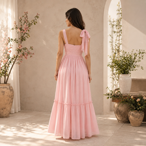 Robe longue élégante rose avec bretelles à nœud papillon pour femmes |   Robe longue d'été sans manches froncée coupe trapèze pour soirée, mariage ou invitée - Product Image 3
