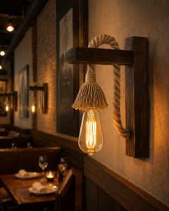 Lampe murale rustique en bois de pin et corde de jute, fabriquée à la main au Vietnam, vente en gros pour chambre, salon, bar - Product Image 6