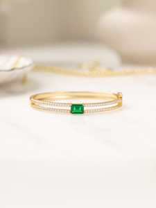 Emerald <b>Cuff</b> Bangle <b>Bracelet</b> 925 Sterling <b>Silver</b> 14K Gold Plated Gemstone Stacking Statement <b>Bracelet</b> Gift For Her - Product Image 3